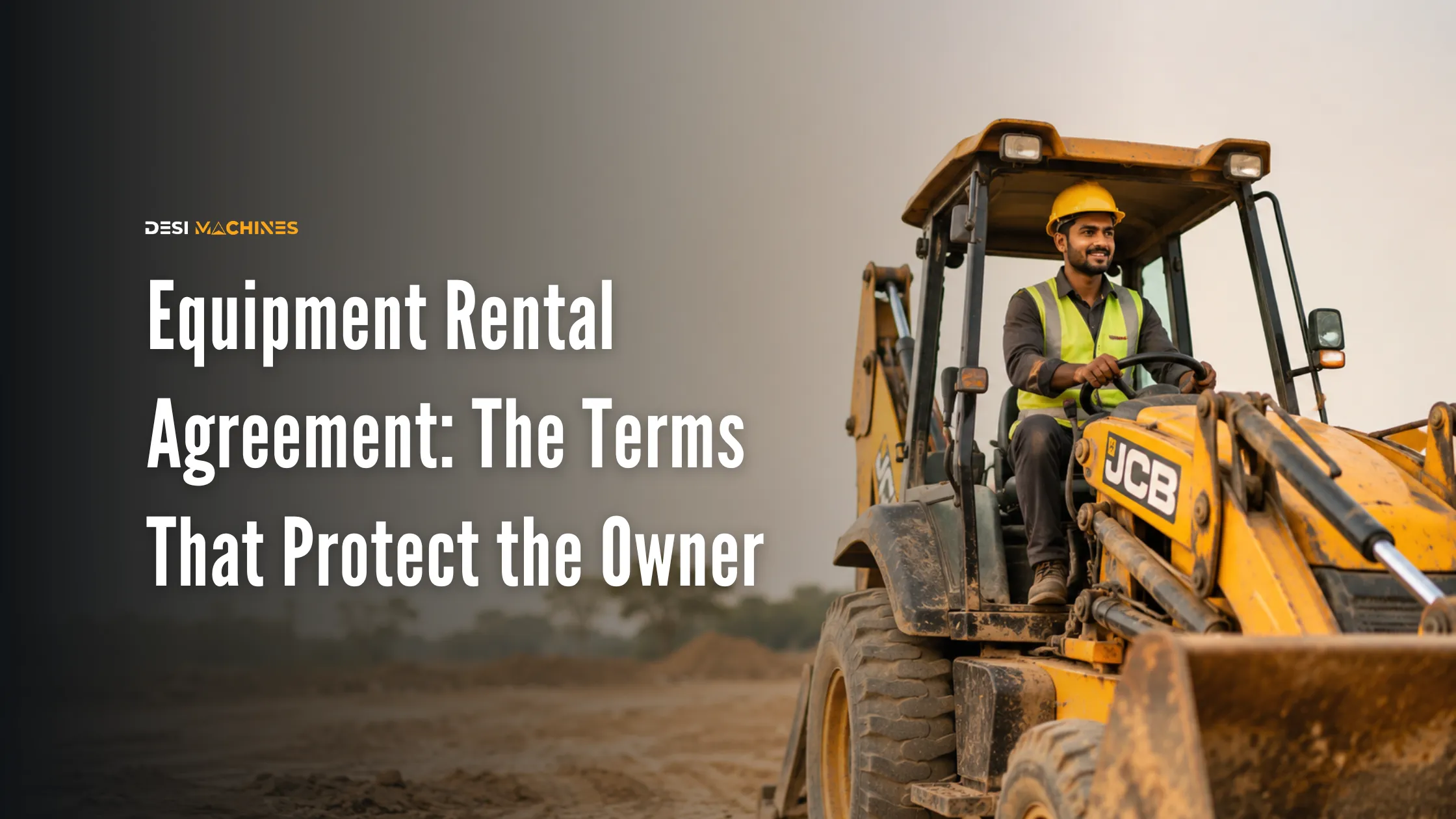 Experienced JCB backhoe loader operator driving a construction machine at an Indian job site.