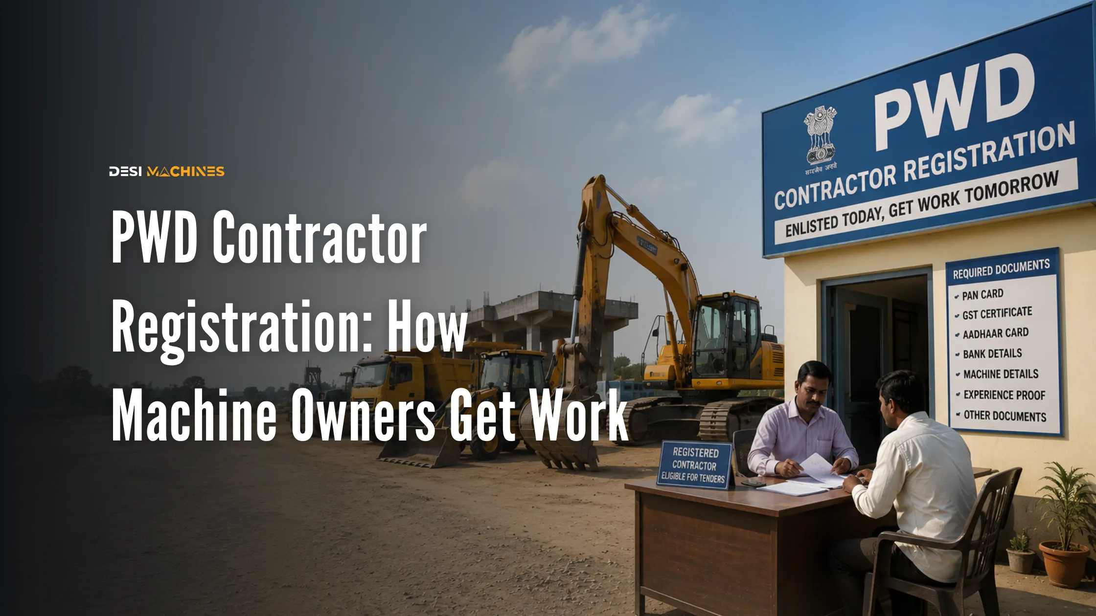 PWD contractor registration office with construction equipment and contractors completing paperwork.
