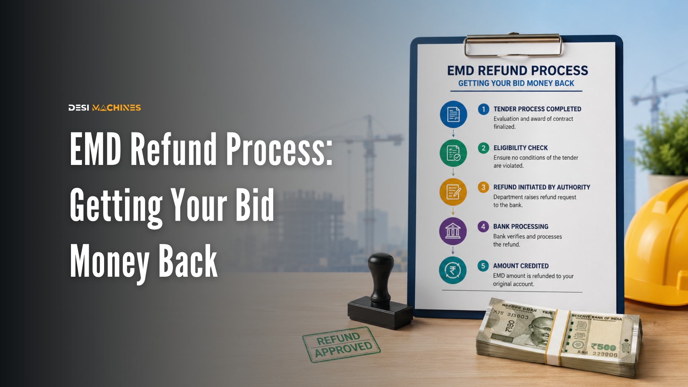 EMD refund process for construction tenders showing bid money being returned