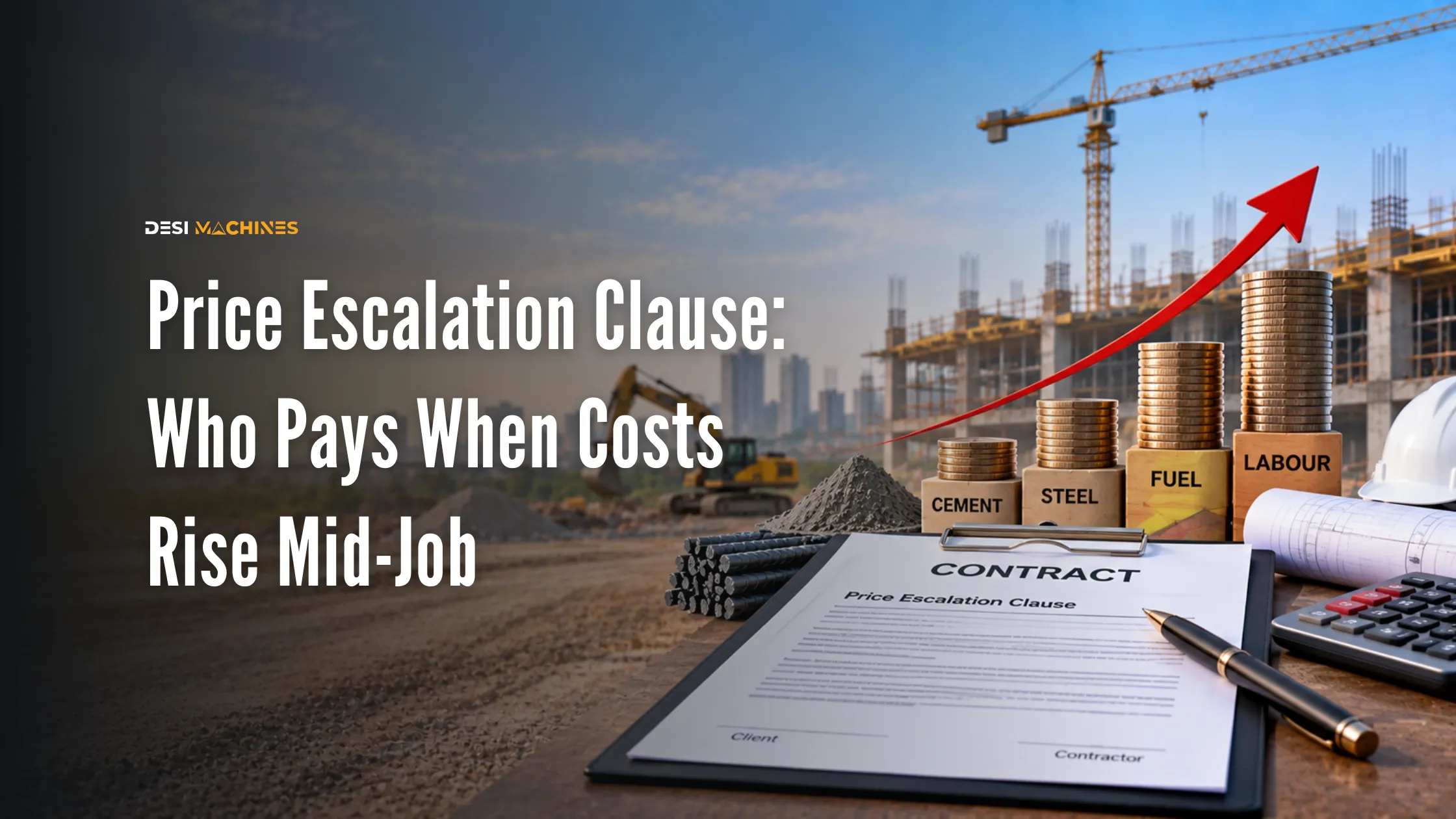 Construction contract showing a price escalation clause with rising material and labour costs