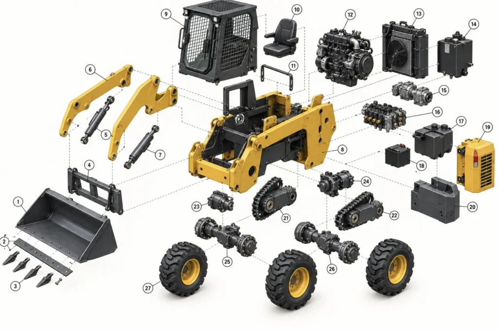 Electric Skid Steer Loader: How It Works, Charging, Runtime and Jobs It Suits 2 Exploded view of a diesel skid steer loader showing the engine, cooling and hydraulic parts that an electric skid steer replaces with a battery and motors