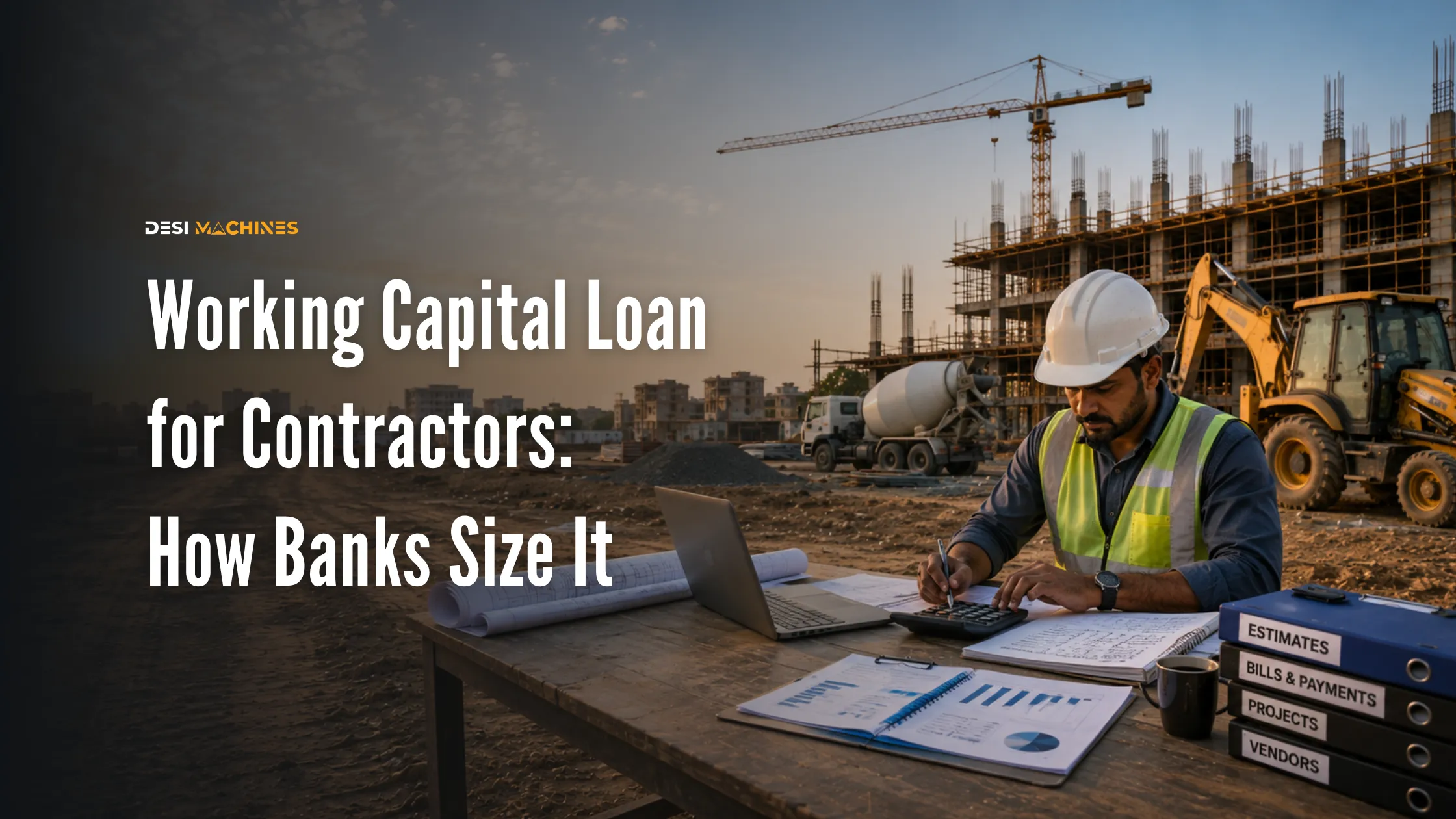 Contractor calculating working capital requirements at a construction site office